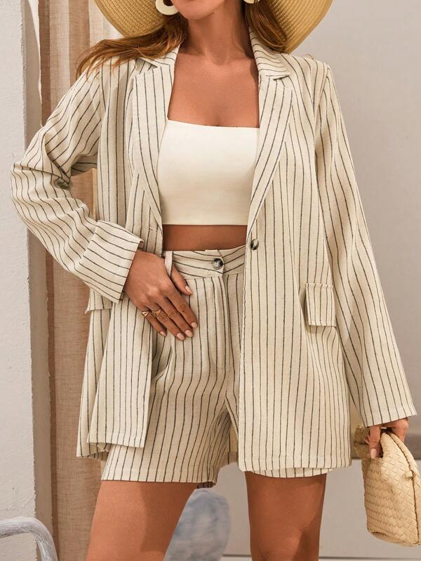 RueChic Beige Striped Linen Co-Ord Set With Oversized Blazer And High-Waisted Shorts