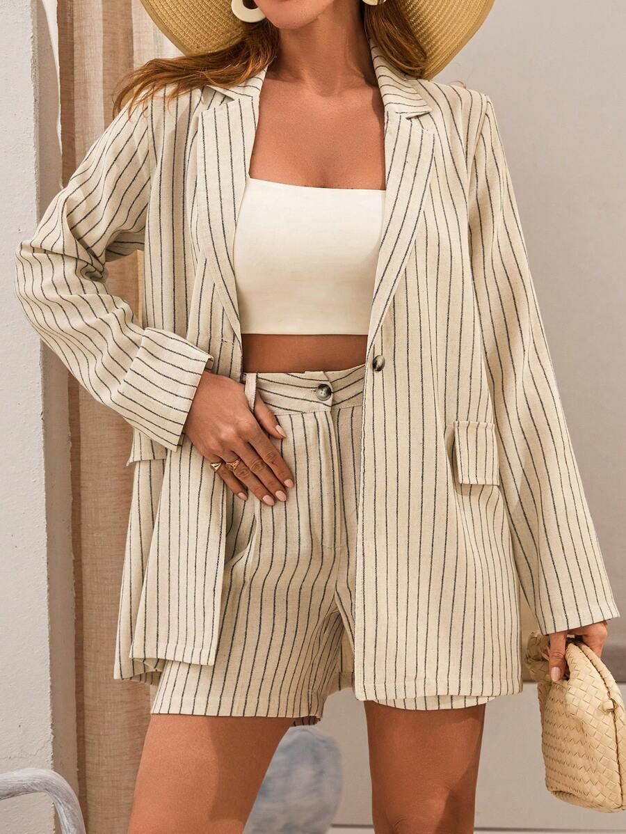 SHEIN Cottnline Beige Striped Linen Co-Ord Set With Oversized Blazer And High-Waisted Shorts - White - View 1