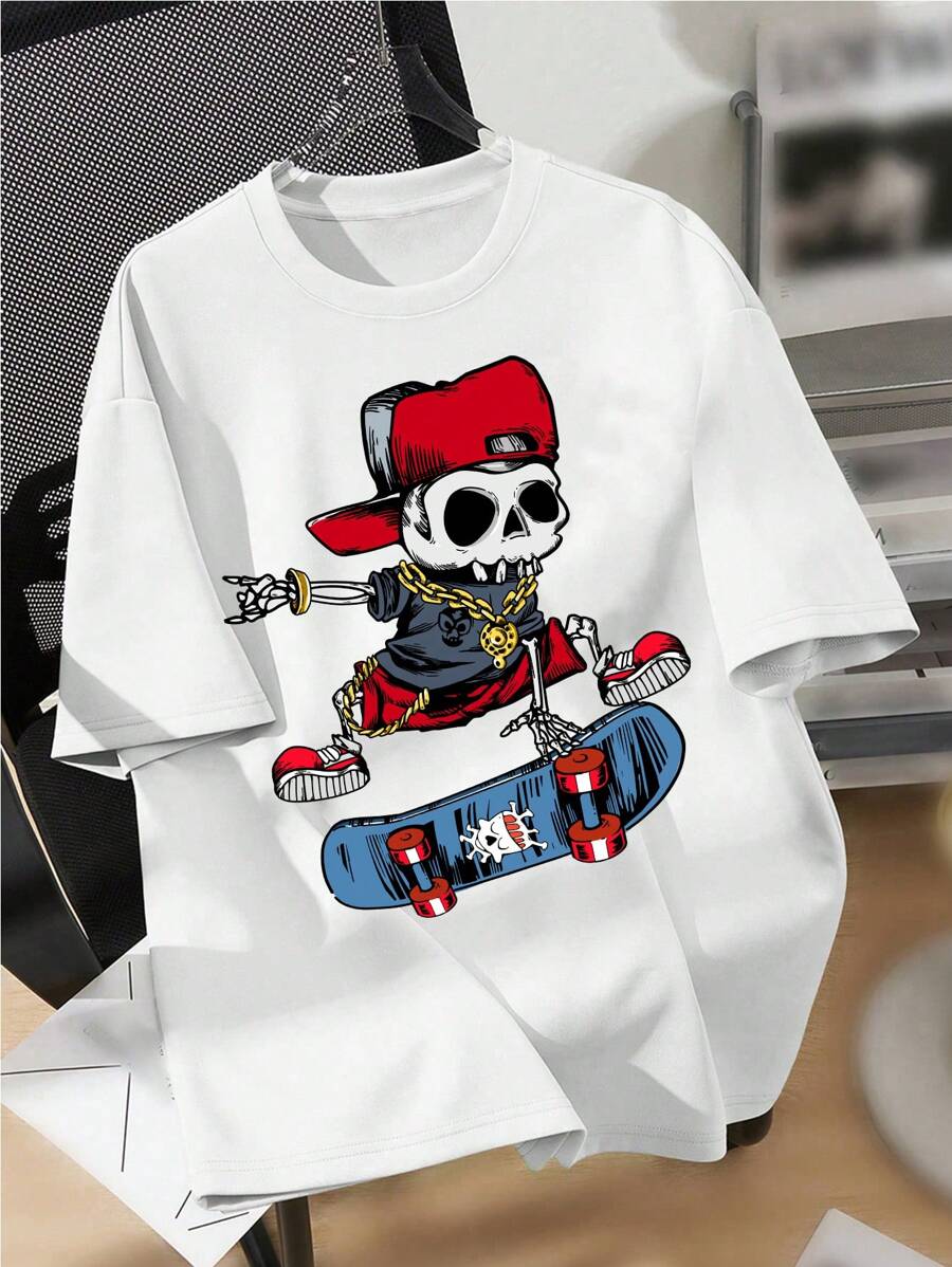 SHEIN Tween Boys' Casual Cartoon Pattern Short Sleeve Round Neck T-Shirt, Suitable For Summer - White - View 1