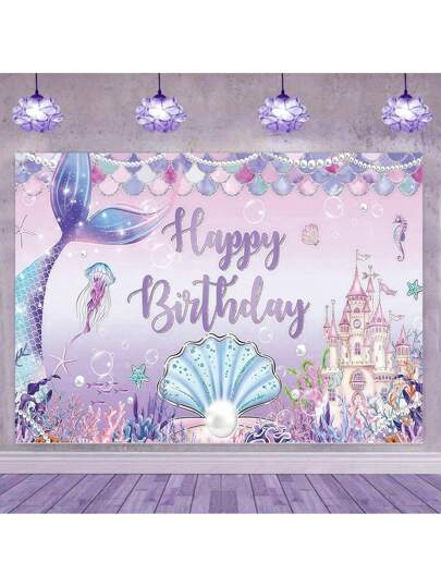 SHEIN 1pc Mermaid Theme Party Background Banner Suitable For Birthday/Baptism Party Decoration, Purple Fishtail Castle Design, 210*150/150*100/100*75 Cm, Suitable For Home Decoration, Bedroom, Living Room, Photography Studio, Live Broadcast Venue Decoration, Birthday Party