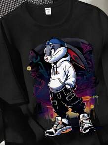 SHEIN Áo thun tay ngắn cổ tròn in hình thỏ hoạt hình dễ thương, phong cách giản dị cho bé trai tuổi mới lớn, phù hợp cho mùa hè - màu đen - Xem 3