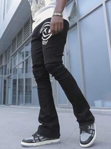 Manfinity EMRG Men's White Washed Denim Loose Gothic Letter Printed Flared Pants, Street Style