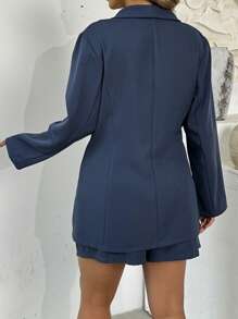 SHEIN LUNE 女士大码纯色翻领单排扣优雅简约西装套装，适合春夏休闲装 - 藍色 - 查看 2