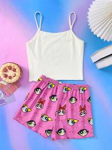 THE POWERPUFF GIRLS X SHEIN Tween Girl 可爱卡通图案白色休闲百搭吊带背心和玫瑰粉色短裤舒适睡衣套装 - 粉色 - 查看 2
