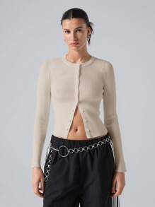 LYSMO Women's Solid Color Front Button Long Sleeve Minimalist Sweater, Casual Daily Wear In Fall/Winter - Apricot - View 3