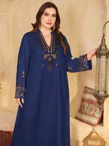 Al Najma Plus Size Women's Geometric Print V-Neck Loose Arabic Long Dress,Modest