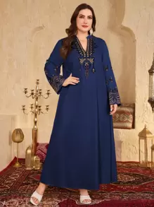 Al Najma Plus Size Women's Geometric Print V-Neck Loose Arabic Long Dress,Modest