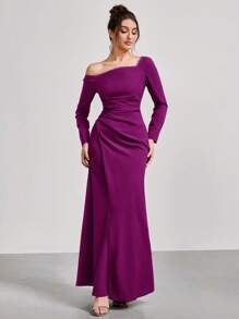 Coutiva Women Asymmetrical Neck Formal Evening Gown, Wedding Guest Dress, Women Formal Dress, Prom Dress, Women Long Sleeve Dress, Party Dress - Purple - View 6