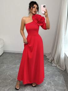 Rafferiza Women's Pink Asymmetrical Neck Dress With 3D Floral Detail, Asymmetric Sleeve Design, Fitted Waist, Maxi Length Loose - Red - View 4