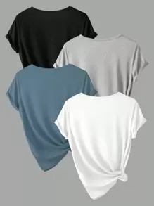 SHEIN 4 piezas de Camisetas de manga corta de cuello redondo de unicolor casual y versátiles para mujeres