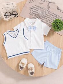 Set de 3 piezas de camisa blanca, chaleco y pantalones cortos para bebé/niño, con look de caballero y lindo, para salidas, fiestas y sesiones de fotos