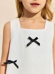 SHEIN Young Girls Solid Color Wide Strap Bow Decor Short Dress - White - View 4