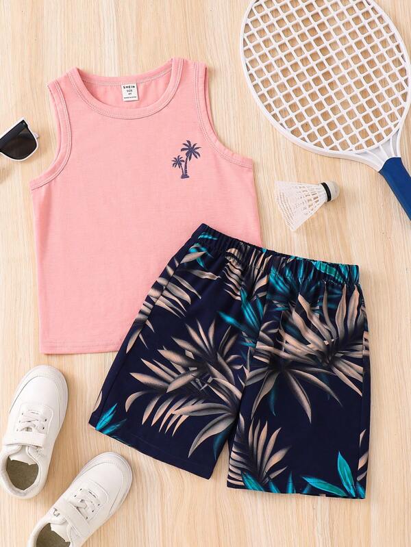 SHEIN 2pcs/Set Young Boy Palm Tree Graphic Round Neck Tank Top And Tropical Plant Print Shorts