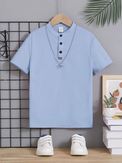 SHEIN Tween Boys Solid Color Half-Button Short Sleeve Polo Shirt, Casual Lightweight Summer Everyday Wear