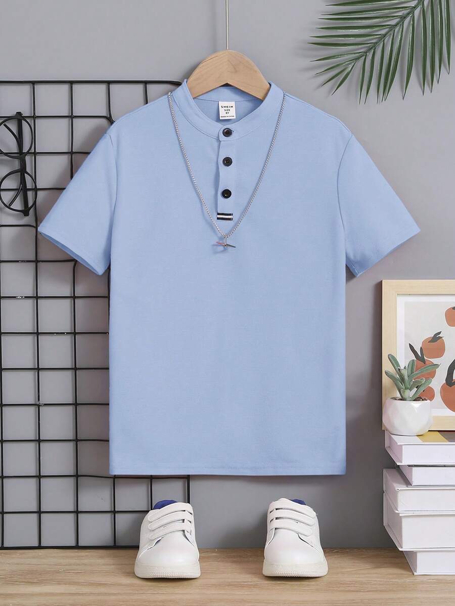 SHEIN Kemeja Polo Anak Laki-laki Tombol Depan Plain Casual - Baby Blue - View 1