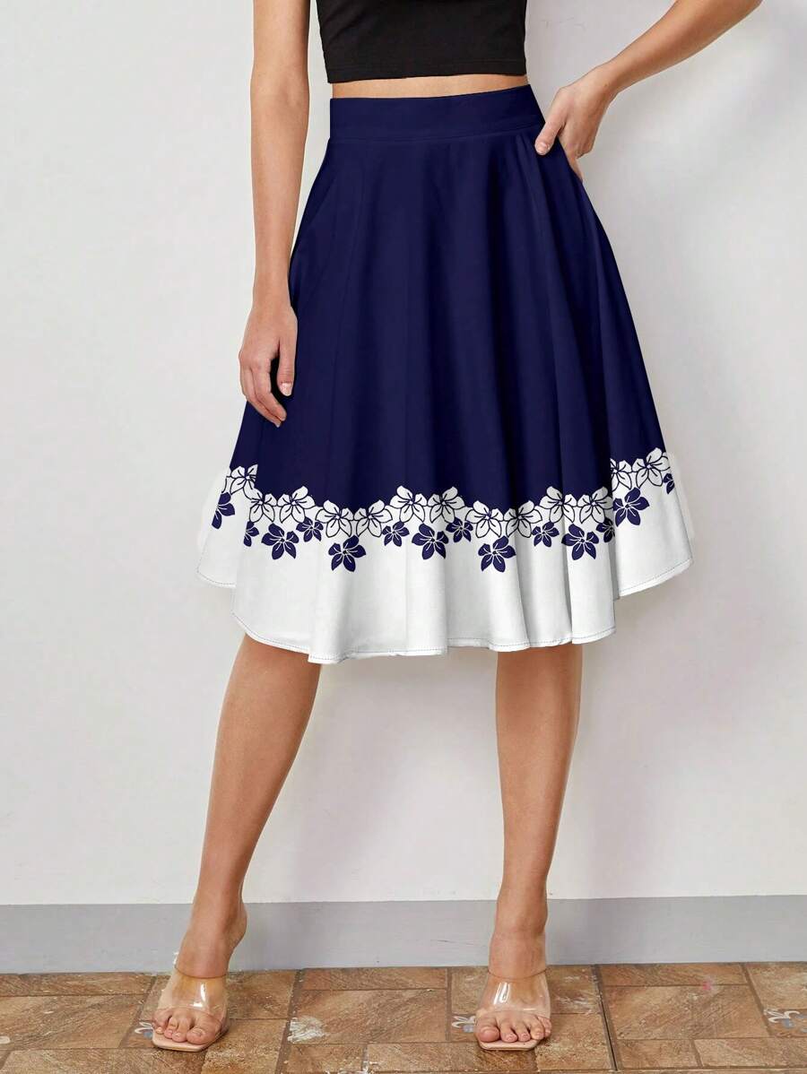 SHEIN Clasi 浪漫蓝色花卉印花女式简约A字裙，适合夏季女士服装夏季 - 藍白色 - 查看 1