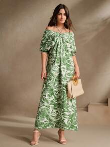 Anewsta 绿色植物与花卉印花宽松露背连衣裙，优雅且适合海滩、节日、外出、女性度假 - 綠色 - 查看 1