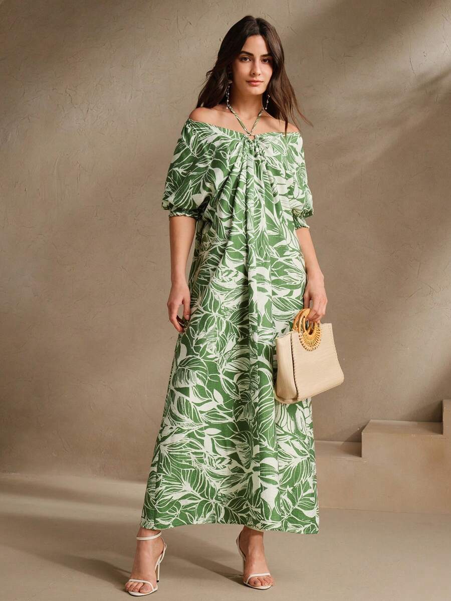Anewsta 绿色植物与花卉印花宽松露背连衣裙，优雅且适合海滩、节日、外出、女性度假 - 綠色 - 查看 1