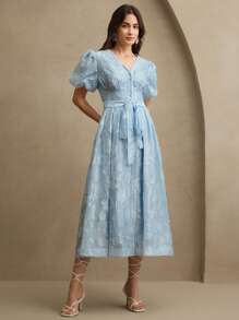 Anewsta 女士优雅浪漫 V 领泡泡袖收腰蕾丝花边喇叭下摆连衣裙，适合约会、宴会、春装、夏装、节日、假日、休闲、度假 - 淺藍色 - 查看 5