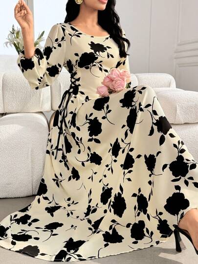 Mulvari 圆领灯笼袖花卉印花侧抽绳长袍连衣裙，端庄