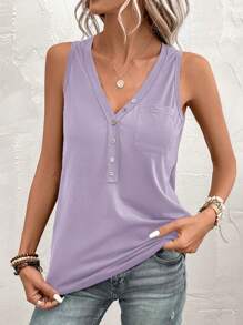 SHEIN Clasi Vacation Casual Solid Color Front Button Camisole - Dusty Purple - View 6