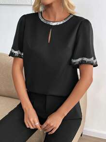 SHEIN Clasi Women's Elegant Black Summer Blouse,Sequin Party Night Casual Top With Front Keyhole,Raglan Short Sleeve,Silver Sequin Trim Collar Cuffs And Hem - Black - View 5