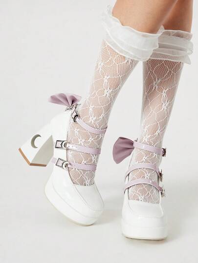 Kawaii Damen Geschlossene Zehe Plateau-Absatz Kleider Schuhe, Lila Mary Janes mit Schleife, Professionelle Arbeitsschuhe mit Absatz