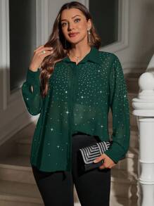 SHEIN Clasi Plus Size Women's Rhinestone Embellished Long Sleeve Loose Button Down Shirt - Dark Green - View 3