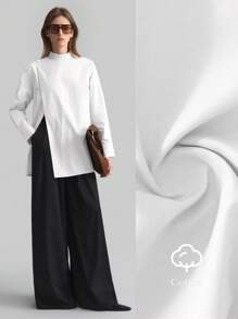 Ontre 2026 Spring/Summer New  White Wrap-Style Solid Color Stand Collar Long Sleeve Minimalist Shirt, Asymmetrical Cut, Casual, Business, Office, Teacher Wear - White - View 2