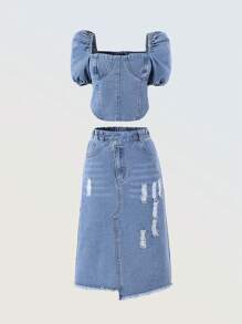 Denimly Tween Girls Vintage Casual Urban Preppy Cropped Top With Square Neckline, Puff Sleeves, Back Zippered Closure And Denim Mid-Length Skirt With Distressed Details, Elastic Waistband, Zipper Closure, Side Slit And Frayed Hem, 2 Pieces Set - Medium Wash - View 3