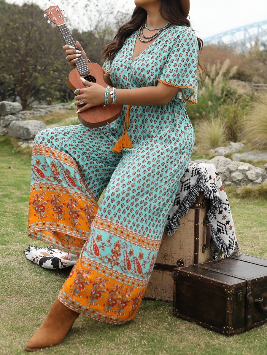 LanaWest Plus Size V-Neck Straight Jumpsuit With Short Sleeves - Multicolor - View 1