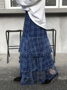 FRIFUL Women's Blue Plaid Pleated Mesh Skirt, Sweet High Waist Short Style, Suitable For Spring & Summer
