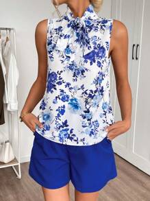 SHEIN LUNE 2pcs/Set Summer Women Sleeveless Top And Solid Shorts Set,Office Outfits For Women Elegant - Blue and White - View 2