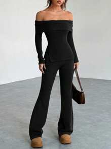 LYSMO 2 件套女士秋季休闲纯色露肩上衣和裤子套装