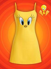 LOONEY TUNES X SHEIN Women's Yellow Cute Tweety Cartoon Graphic Cami Sleep Dress, Summer - Yellow - View 3