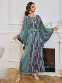 Al Najma Ramadan Women's Geometric Printed Batwing Sleeve Kaftan,Modest - Green - View 1