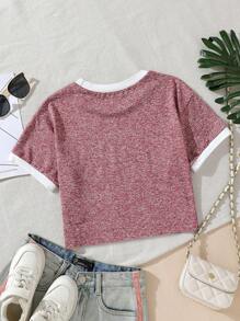 Tween Girls 活力红色字母印花 T 恤，活力十足的美式复古风，采用优质阳离子面料制成，柔软亲肤 - 酒紅色 - 查看 2