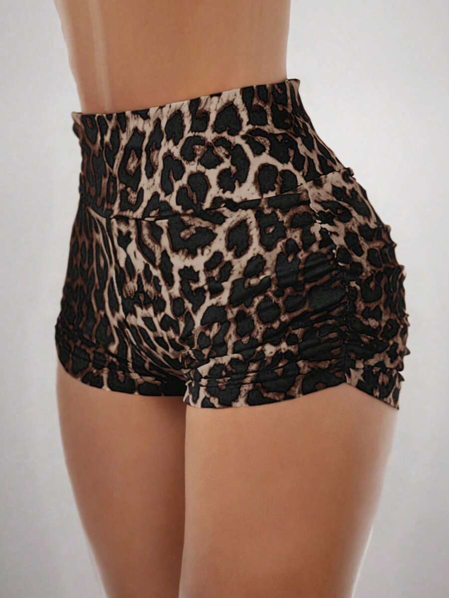 MainGRL Women's Sexy Side Ruched Leopard Print Casual Cropped Leggings Shorts - Brown - View 1