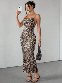 SHEIN PETITE Casual Romantic Holiday Leopard Print Draped Neck Backless Tie-Up Dress - Brown - View 7