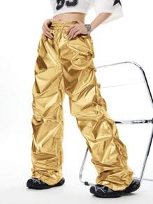 Coolane 女士春夏Y2K街头风闪亮金属质感PU降落伞弹力腰带口袋阔腿裤 - 金色 - 查看 5