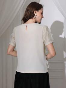 Modelyn Women Applique Decor Round Neck Loose Fit Short Sleeve Blouse - Apricot - View 2