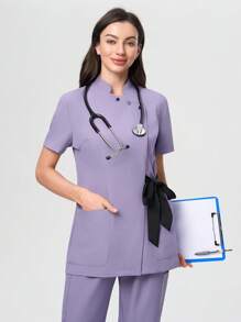 Scrubzie Anti-Wrinkle Stand Collar Long Contrast Color Tie Waist Women's /Nursing Scrub Uniform Top - Purple - View 7