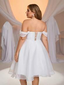 Glamrae Plus Size Elegant Romantic White Off Shoulder Draped Organza A-Line Wedding Guest/Party Dress, Little White Dress, Bride - White - View 5