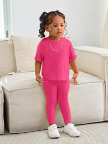 Bubblio 女婴紫红色短袖 T 恤和松紧腰裤套装，休闲时尚服装 亮黄色休闲时尚服装 - 玫紅色 - 查看 5