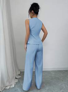 Selianne 纯色V领通勤风背心阔腿休闲两件套