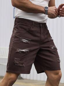 Manfinity Homme Men's Dark Coffee Slim Straight Leg Denim Shorts - Brown - View 3