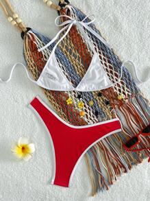 Swim SXY Springbreak Women's New Fashion Color Block Sexy Micro Lace-Up Backless Rib Fabric High Cut Bikini Set For Summer Beach - Red and White - View 2