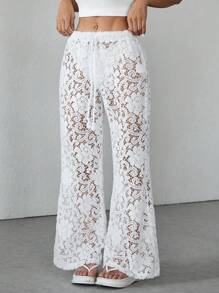SHEIN PETITE Women's Jacquard Pattern Trousers, Simple And Fashionable For Summer - White - View 1