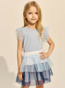 SHEIN Conjunto de 2 piezas de camiseta azul elegante y falda de malla para niñas, para primavera y verano