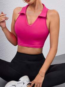 SHEIN Sovereign Charm Top corto de mujer con cuello en V ajustado de unicolor para actividades - Rosa Fucsia - Ver 3